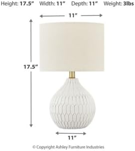 Signature Design by Ashley Wardmont Contemporary Modern Table Lamp with Drum Hardback Fabric Shade, On-Off Switch, Ceramic, 17.75" High, Antique White