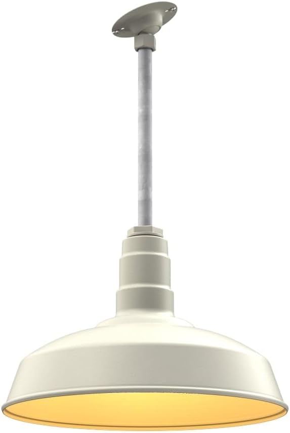 Steel Lighting Co. Carson Barn Light | Ceiling Mounted Pendant | 16 inch Dome | 12" Sloped Stem | Industrial Style Steel Light Made in America | Cream Exterior/Brass Interior