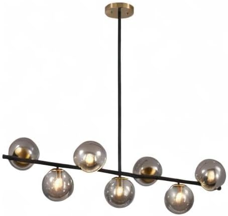 KCO Lighting Black and Gold Linear Kitchen Pendant Lighting Mid Century Modern Chandelier 7-Light Smoke Glass Globe Round Chandelier Vintage Long Dining Room