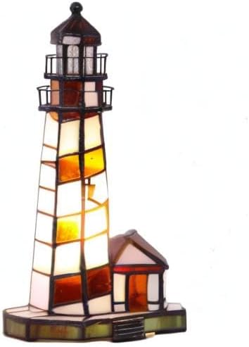 Bieye L10616 Lighthouse Tiffany Style Stained Glass Accent Table Lamp Night Light for Home Decoration (6x5x11, Amber)