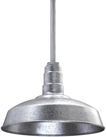 Steel Lighting Co. Carson Barn Light | Ceiling Mounted Pendant | 16 inch Dome | 12 inch Sloped Stem | Industrial Style Steel Light Made in America | Galvanized Exterior/Galvanized Interior