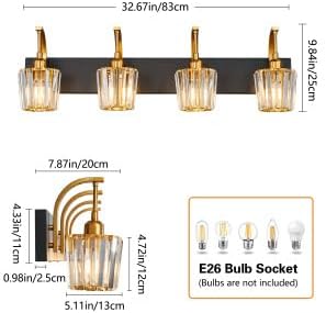 Modern Bathroom Vanity Light, 4-Light Black Gold Wall Sconce with Crystal Accents, Over Mirror Bathroom Lighting Fixture, 32.67" Long Dimmable Vanity Lamp for Makeup, Easy Installation