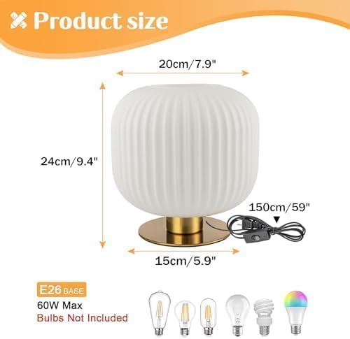 Bedroom Lamps Set of 2, White and Gold Bedside Lamp Milk Glass Table Lamp, MCM Table Lamp Vintage Nightstand Reading Lamp Small End Table Lamps for Living Room Office Study