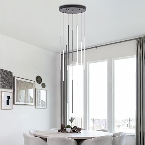Modern LED Chandelier with Clustered Pendant Lights - Black, 12 Lights, Dimmable, High Ceiling, Large Hanging Chandelier for Loft, Villa, Living Room, Stairs and Foyer