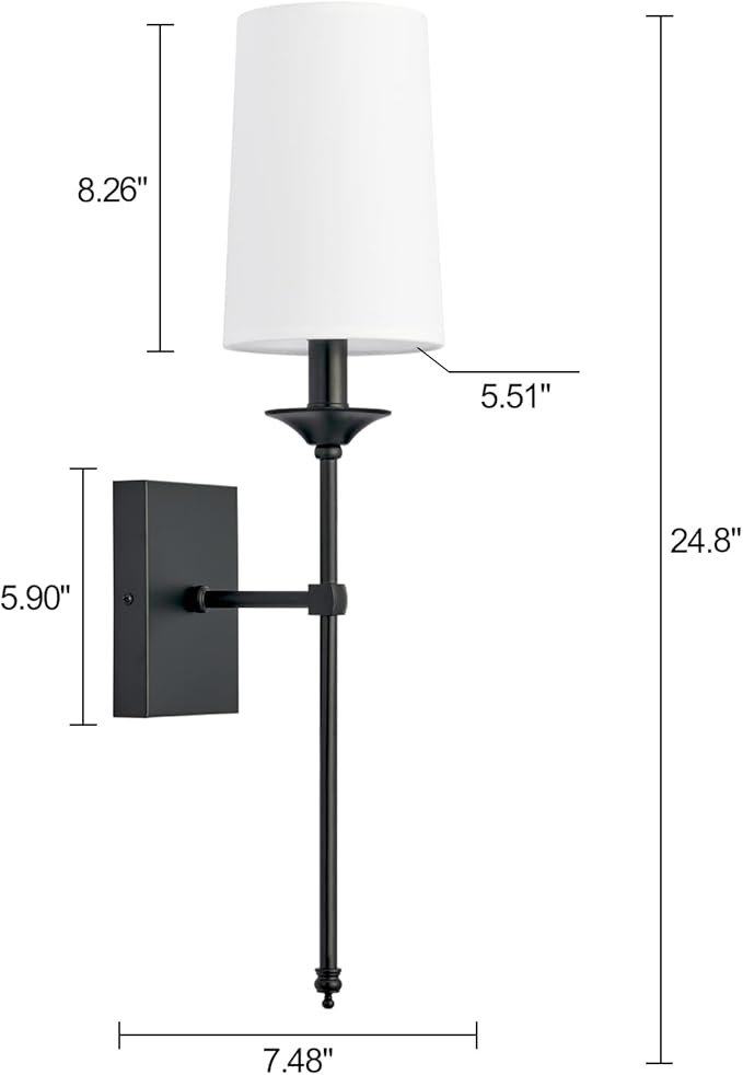 TERLEENART Hardwired Wall Sconces Set of 2, Mid Century Candlestick Style Wall Mounted Sconce with Pure White Cylindrical Shade and Long Slim Stem,for Bathroom Bedroom Living Room