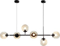 KCO Lighting 6-Light Modern Globe Sputnik Chandelier Mid Century Black Pendant Light Chandelier Dining Room Linear Pendant Lighting Kitchen Island Adjustable Pendant Light Fixtures (Black+Amber)