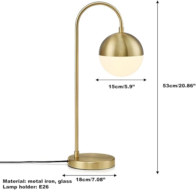 Mid Century Modern Table Lamp - Gold & White Glass Shade for Bedside, Living Room, Office