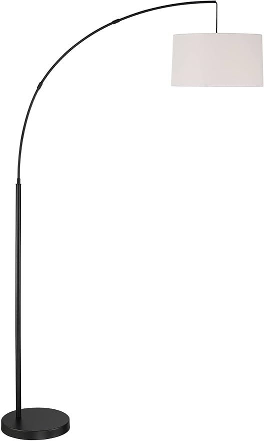 360 Lighting Cora Modern Industrial Arc Lamps Floor Standing with USB Charging Port 72" Tall Black Metal White Linen Fabric Drum Shade for Living Room Reading House Bedroom Home Office