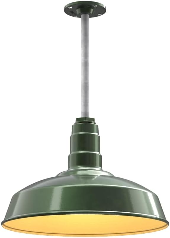 Steel Lighting Co. Carson Barn Light | Ceiling Mounted Pendant | 16 inch Dome | 12" Galvanized Stem | Industrial Style Steel Light Made in America | Hunter Green Exterior/Brass Interior