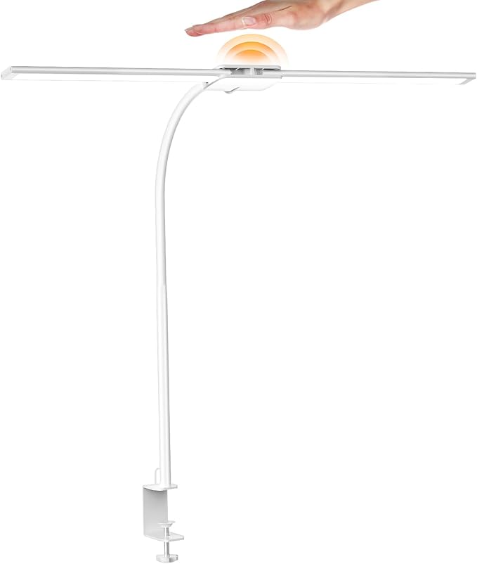 Syrinx LED Desk Lamp, Double Head Gooseneck Desk Lamps for Home Office with Gesture Switch & Wired Control, 12W Bright Modern Desk Light Eye-Caring Office Desk Lamp with Clamp for Crafting Reading