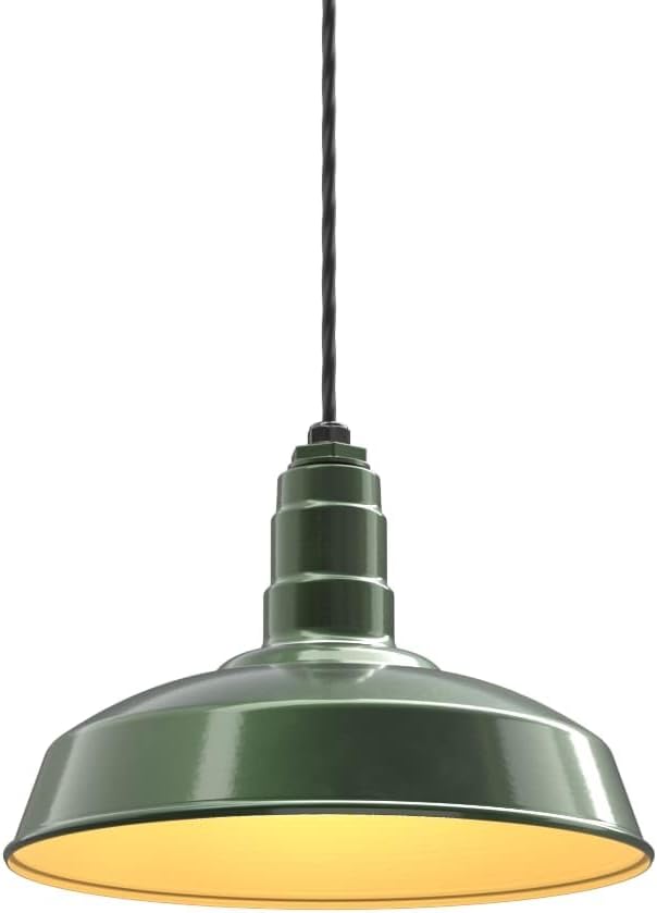 Steel Lighting Co. Carson Barn Light | Ceiling Mounted Pendant | 16 inch Dome | 4' Black Cord | Industrial Style Steel Light Made in America | Hunter Green Exterior/Brass Interior