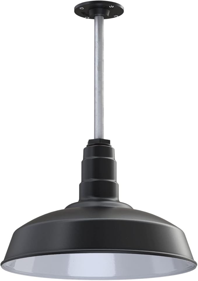 Steel Lighting Co. Carson Barn Light | Ceiling Mounted Pendant | 16 inch Dome | 12 inch Stem | Industrial Style Steel Light Made in America | Matte Black Exterior/White Interior