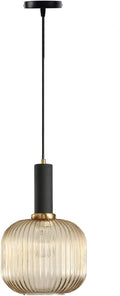 Pendant Light Black Lamp Holder and Glass Striped Light Shade Modern Pendant Lighting for Kitchen Island Farmhouse Hanging Lights Fixtures (M, Amber)