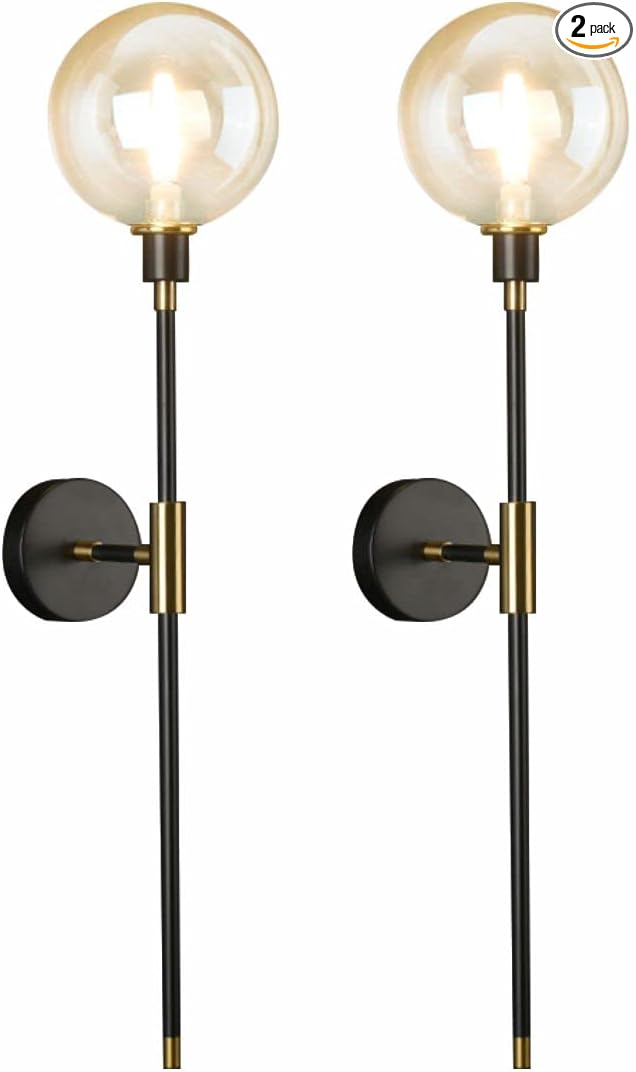 KCO Lighting 1-Light Sconces Wall Light Gold Black Modern Wall Mounted Sconce Globe Glass Shade Wall Lamp with Long Arm for Bedroom Hallway (Amber,2 Pack)