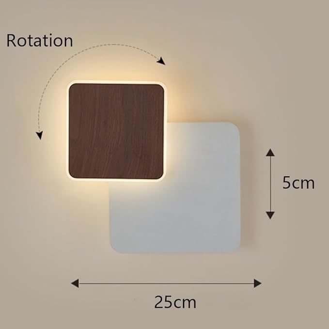 Minimalist Wall Sconce, Rotatable Square Light, Walnut Wood Grain Finish, Acrylic LED Lamp, Geometric Design for Bedroom Living Room Hallway, Nordic Style Ambient Lighting.(25cm)