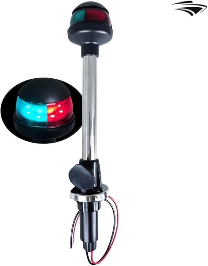 Pactrade Marine LED Green Red Navigation Bow Light 12" SS304 Pole Collar Plug-in (With 2-Prong Nylon Base Black Socket)
