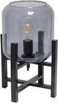 Renaissance Rhapsody Black Wood Mounted Table Lamp with Smokey Glass Cylinder Shade, Contemporary Design with Geometric Base