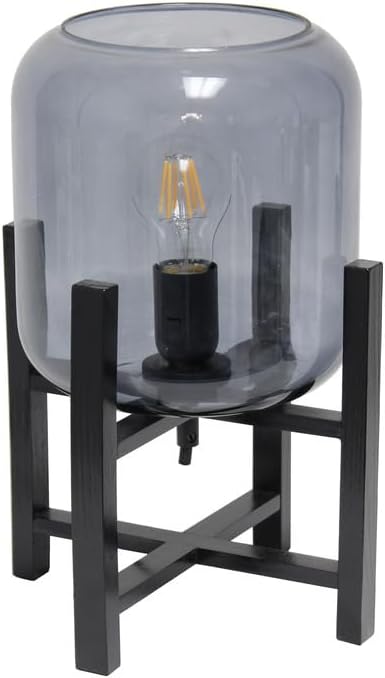 Renaissance Rhapsody Black Wood Mounted Table Lamp with Smokey Glass Cylinder Shade, Contemporary Design with Geometric Base