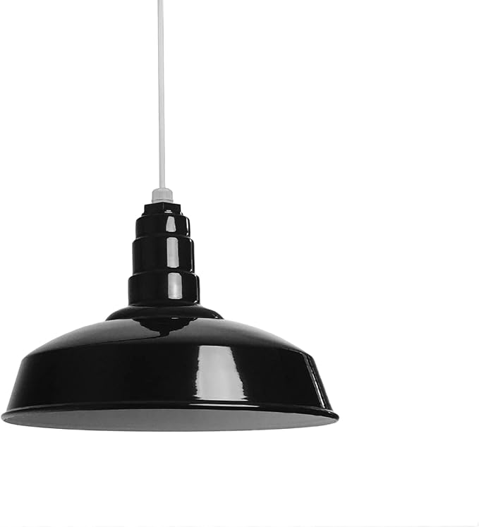 Steel Lighting Co. Carson Barn Light | Ceiling Mounted Pendant | 16 inch Dome | White Cord | Industrial Style Steel Light Made in America | Black Exterior/White Interior