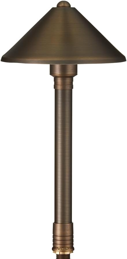 VOLT Conehead 12V Brass Mini Path Light (7" Shade, 15" Tall) for Low Voltage Landscape Lighting on Outdoor Pathway, Walkway, Garden, Driveway or Patio