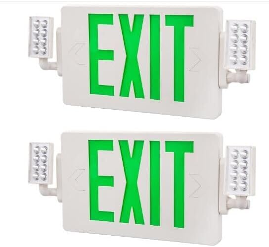 6 Pack Green Exit Signs with Emergency Lights, Two LED Adjustable Head Emergency Exit Light with Battery Backup,Hard Wired,UL Listed, AC 120/277V,Exit Sign Combo for Business