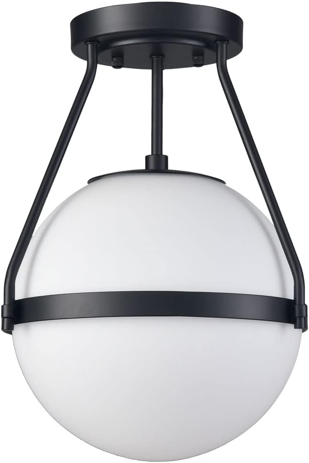 HOLKIRT Mid Century Semi Flush Mount Ceiling Light Black Globe Ceiling Light Modern Light Fixture with White Opal Glass Shade for Living Room Bedroom Hallway