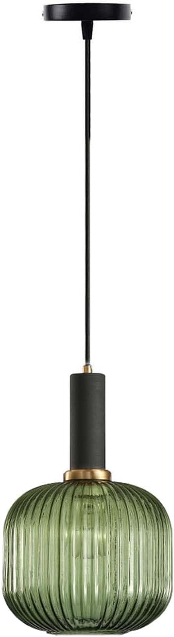Pendant Light Black Lamp Holder and Glass Striped Light Shade Modern Pendant Lighting for Kitchen Island Farmhouse Hanging Lights Fixtures (Green, M)