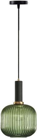Pendant Light Black Lamp Holder and Glass Striped Light Shade Modern Pendant Lighting for Kitchen Island Farmhouse Hanging Lights Fixtures (Green, M)
