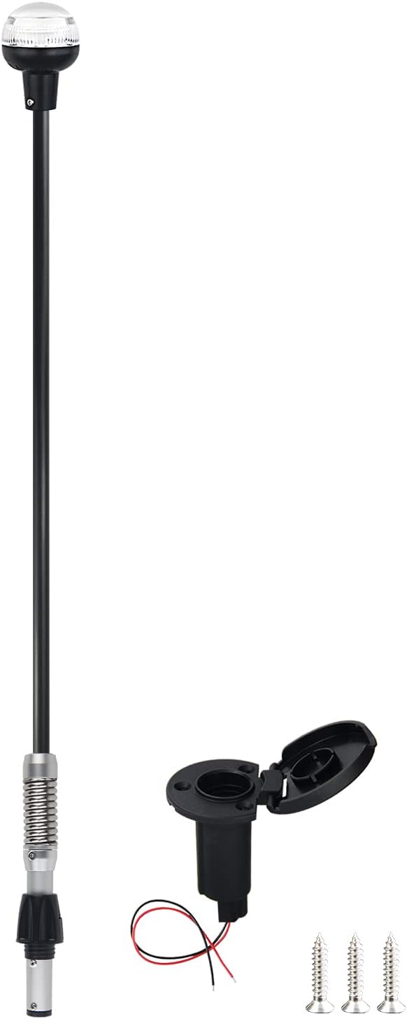 Boat Stern Light Anchor Light LED Marine Navigation Lights Spring Flexible Pole All Round White USCG 2 NM Removable 2 Pin Plug In with Threaded Base 12 Volts 36 Inches (Glass Fiber Pole)