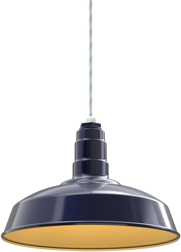 Steel Lighting Co. Carson Barn Light | Ceiling Mounted Pendant | 16 inch Dome | 4' White Cord | Industrial Style Steel Light Made in America | Navy Blue Exterior/Brass Interior