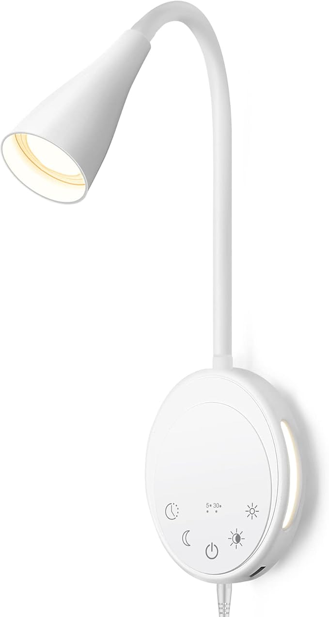 LED Wall Mounted Reading Light, Book Light for Reading in Bed with Touch Control, 5 Dimmable, USB Output, Night Light & Timers Function, Flexible Gooseneck Headboard Bed Lights (White)