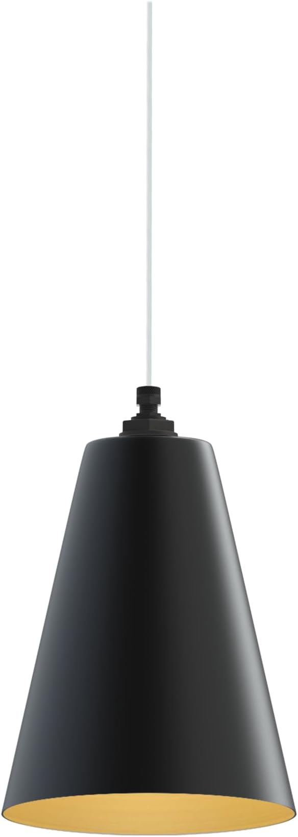 Steel Lighting Co. Laurel Pendant Light | Ceiling Mounted | 8.5 inch Cone Shade | Modern Contemporary Farmhouse Style Made in America | White Cloth Cord | Matte Black Exterior/Brass Interior