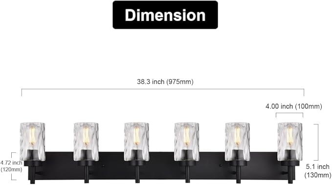 BONLICHT Transitional Bath Vanity Light Fixture 6 Light Black Wall Sconce Bathroom Lighting with Clear Hammered Glass, Industrial Farmhouse Metal Wall Mount Light for Kitchen Living Room Dining Room