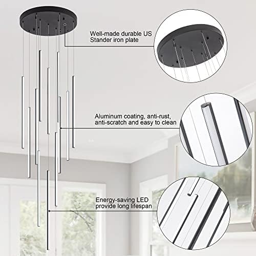 Modern LED Chandelier with Clustered Pendant Lights - Black, 12 Lights, Dimmable, High Ceiling, Large Hanging Chandelier for Loft, Villa, Living Room, Stairs and Foyer