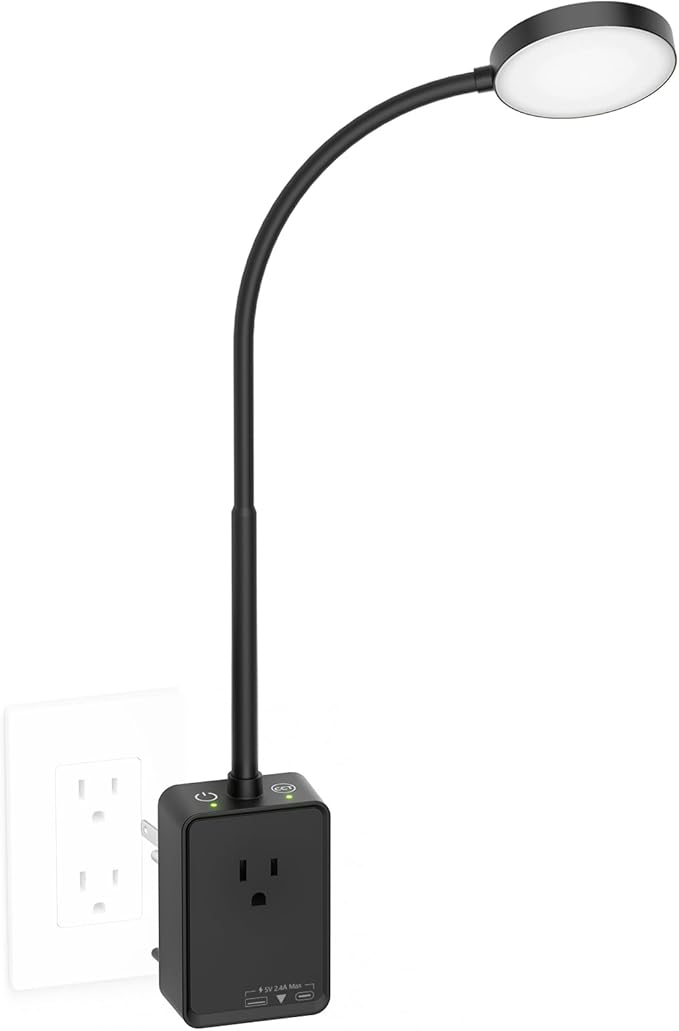 Plug in LED Book Reading Light, Black Dimmable LED Wall Sconce Lamp with Power Plug and Outlet Extender for Reading in Bed at Night, 3 Lighting Colors, with USB Output Charging Ports
