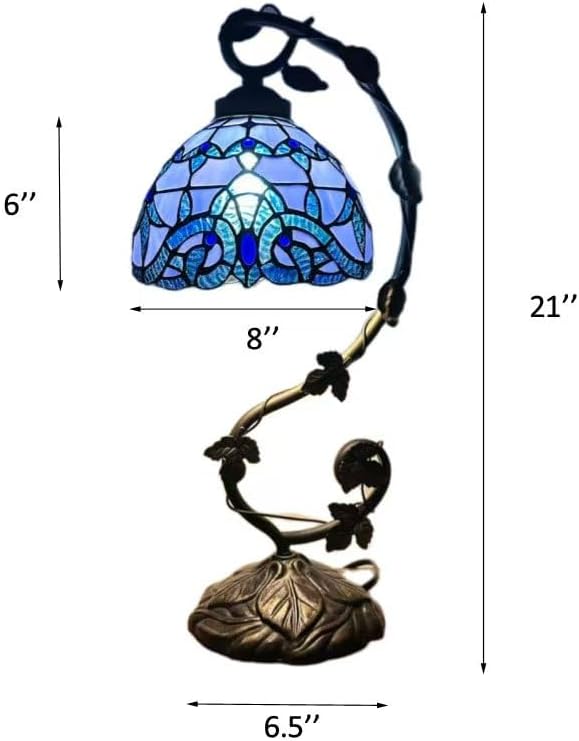 Stained Glass Table Lamp Blue Baroque Style Iron Metal Leaves Bronze Base Included LED Bulb for Living Room Bedroom Bedside 11" W*8" D*21" H