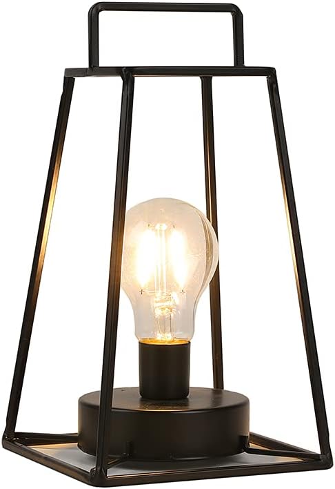 JHY DESIGN Retro Style Geometric Table Lamp 10''High Simple Iron Art Cordless Lamp Battery Powered Lamp with 6-Hours Timer Feature Cage Wireless Light for Balcony Party Indoor Outdoor(Short, Black)