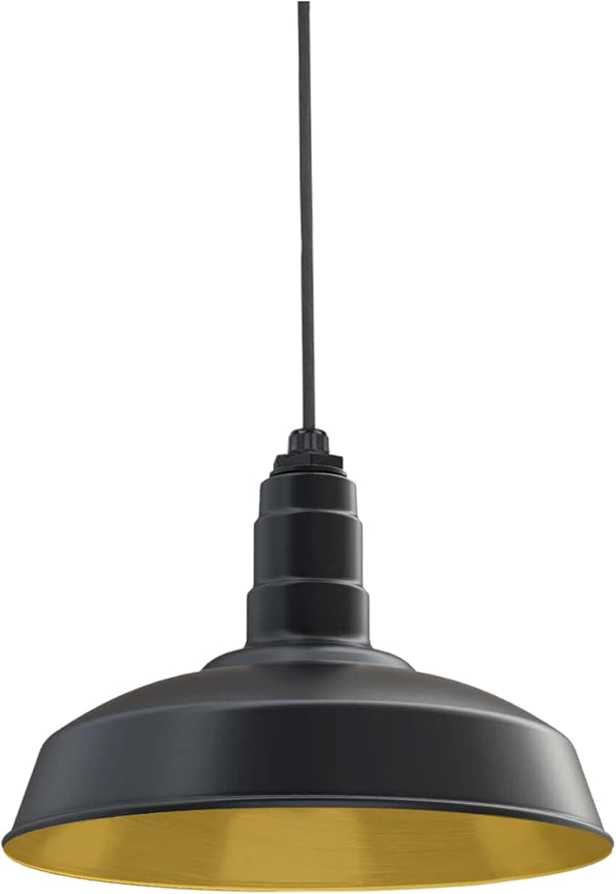 Steel Lighting Co. Carson Barn Light | Ceiling Mounted Pendant | 16 inch Dome | Black Cord | Industrial Style Steel Light Made in America | Matte Black Exterior/Brass Interior