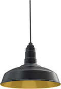 Steel Lighting Co. Carson Barn Light | Ceiling Mounted Pendant | 16 inch Dome | Black Cord | Industrial Style Steel Light Made in America | Matte Black Exterior/Brass Interior