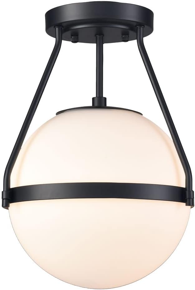 HOLKIRT Mid Century Semi Flush Mount Ceiling Light Black Globe Ceiling Light Modern Light Fixture with White Opal Glass Shade for Living Room Bedroom Hallway