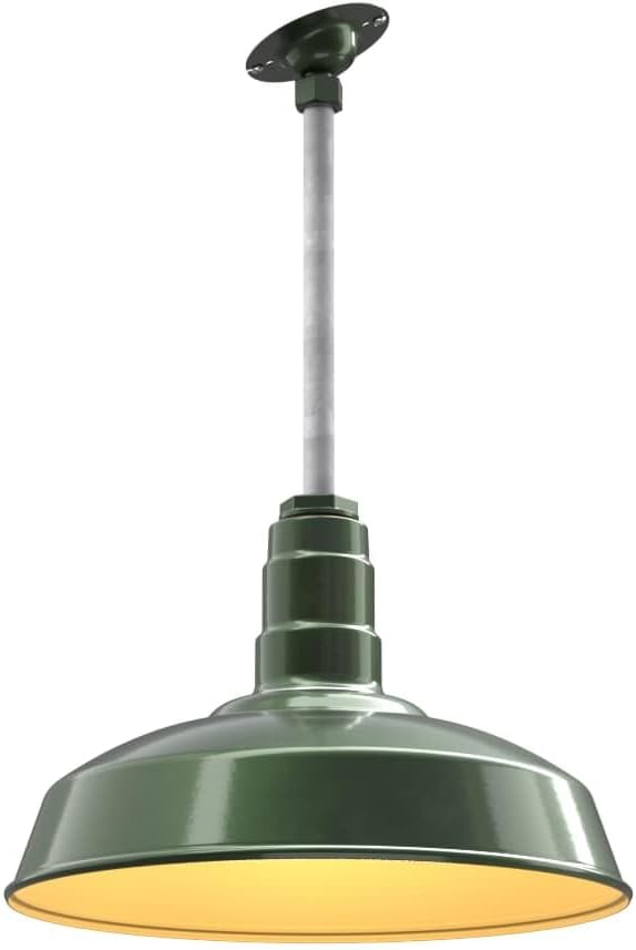 Steel Lighting Co. Carson Barn Light | Ceiling Mounted Pendant | 16 inch Dome | 12" Sloped Stem | Industrial Style Steel Light Made in America | Hunter Green Exterior/Brass Interior