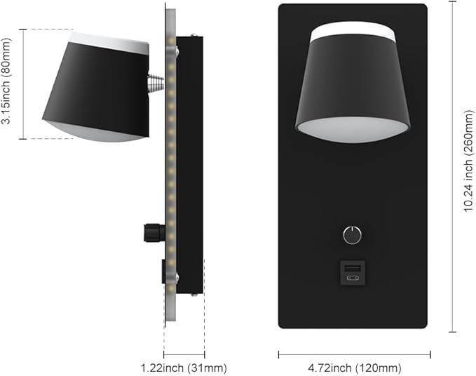 Sytmhoe Modern LED Wall Sconces Set of Two,Dimmable Wall Lights for Bedroom with Dimmer Switch and USB+C Charging,3000K Wall Mounted Bedsides Wall Lamp for Living Room,Hotel, Cafe, Home Decor(2Pack)