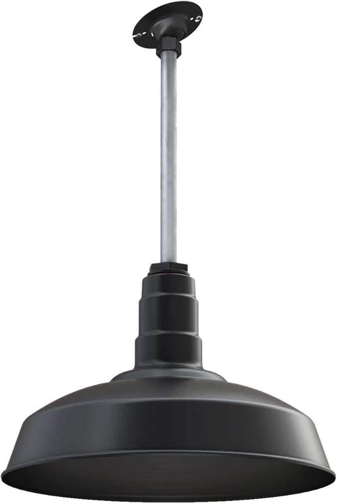 Steel Lighting Co. Carson Barn Light | Ceiling Mounted Pendant | 16 inch Dome | 12 inch Sloped Stem | Industrial Style Steel Light Made in America | Matte Black Exterior/Matte Black Interior