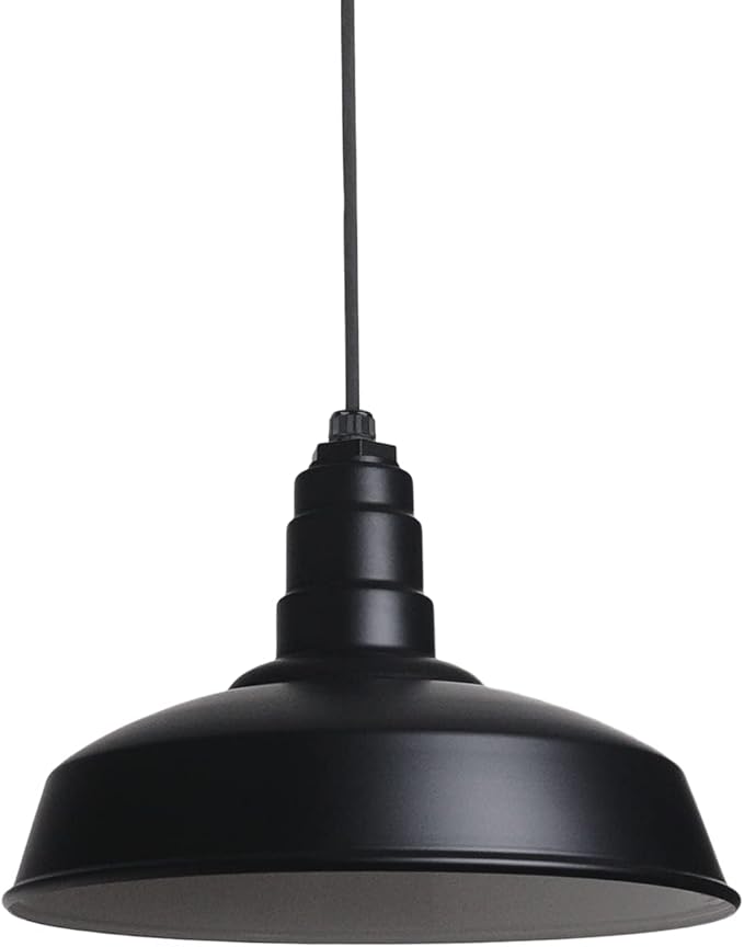 Steel Lighting Co. Carson Barn Light | Ceiling Mounted Pendant | 16 inch Dome | Black Cord | Industrial Style Steel Light Made in America | Matte Black Exterior/White Interior