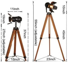 SUNLLOK Vintage Black Wood Tripod Floor Lamp for Living Room, Modern Industrial Metal Nautical Cinema e26 Standing Corner Searchlight - Rustic Reading Adjustable Desk Table Light for Bedroom Office