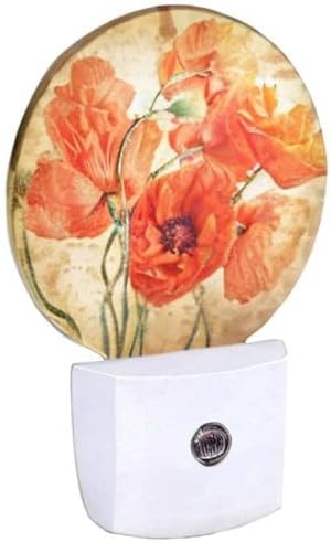 EKOBLA Floral Night Lights Plug into Wall Vintage Poppy Flower Red Orange Night Light LED Round Lamp for Boys Girls, Dusk to Dawn Sensor Nightlight for Stairway Hallway Kitchen