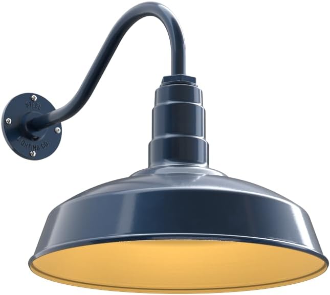 Steel Lighting Co. Gardena Barn Light | Outdoor Wall Mounted | 16" Dome | 16" Gooseneck | Farmhouse Light Made in America | Gray Blue Exterior/Brass Interior