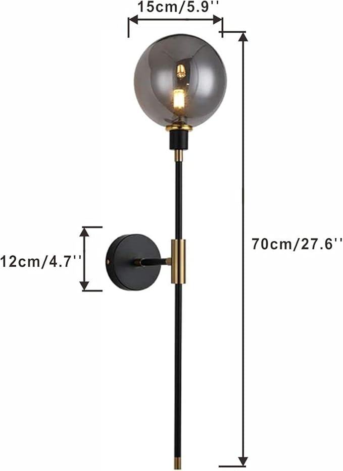 KCO Lighting Modern Glass Globe Wall Sconce Light Set of Two Brass and Black Large Light Contemporary Smoke Glass Hallway Long Sconce Wall Light Set of 2