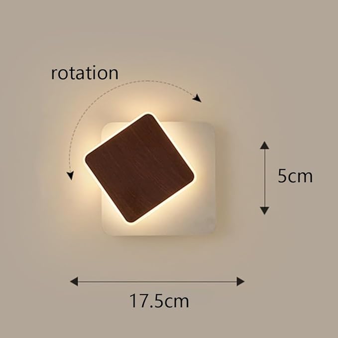 Minimalist Wall Sconce, Rotatable Square Light, Walnut Wood Grain Finish, Acrylic LED Lamp, Geometric Design for Bedroom Living Room Hallway, Nordic Style Ambient Lighting.(17.5cm)