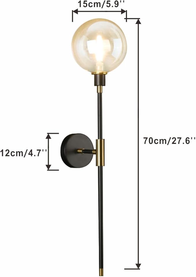 KCO Lighting 1-Light Sconces Wall Light Gold Black Modern Wall Mounted Sconce Globe Glass Shade Wall Lamp with Long Arm for Bedroom Hallway (Amber,2 Pack)